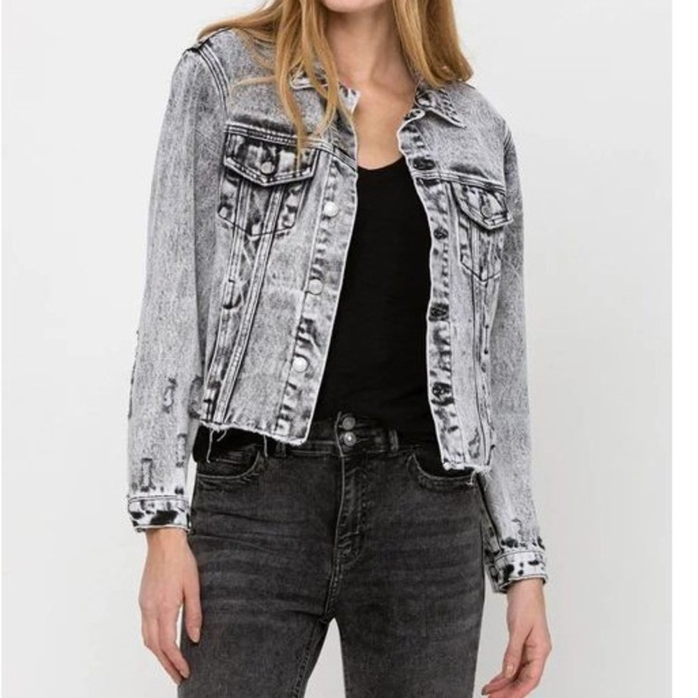 VERVET‎ Escala Distressed Black Acid Wash Classic Crop Jacket  XS Denim Jean NWT